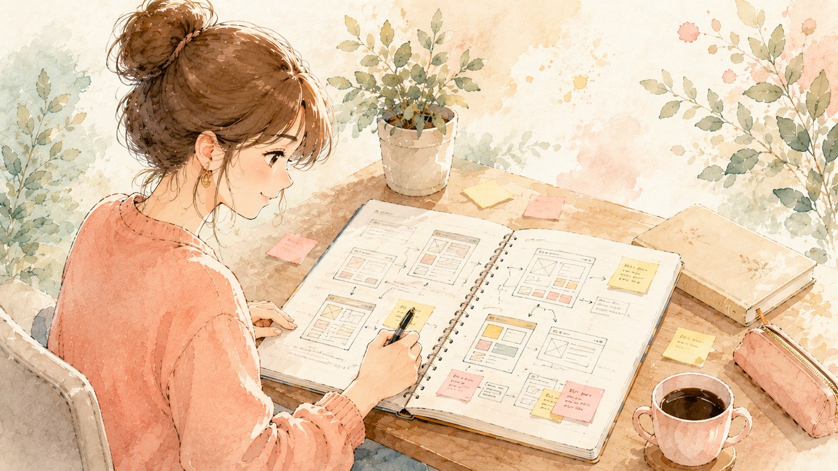 ノートに描いたワイヤーフレームと付箋のクローズアップ