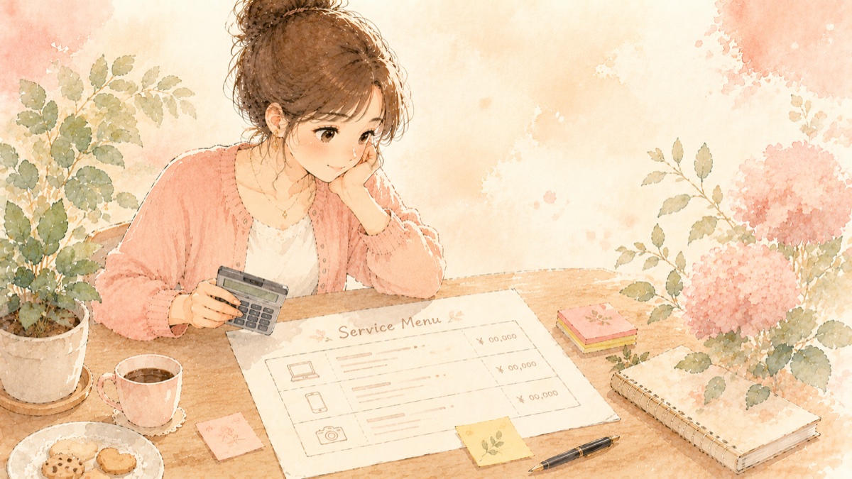 水彩タッチで描かれた、メニュー表と料金を考える女性のイラスト
