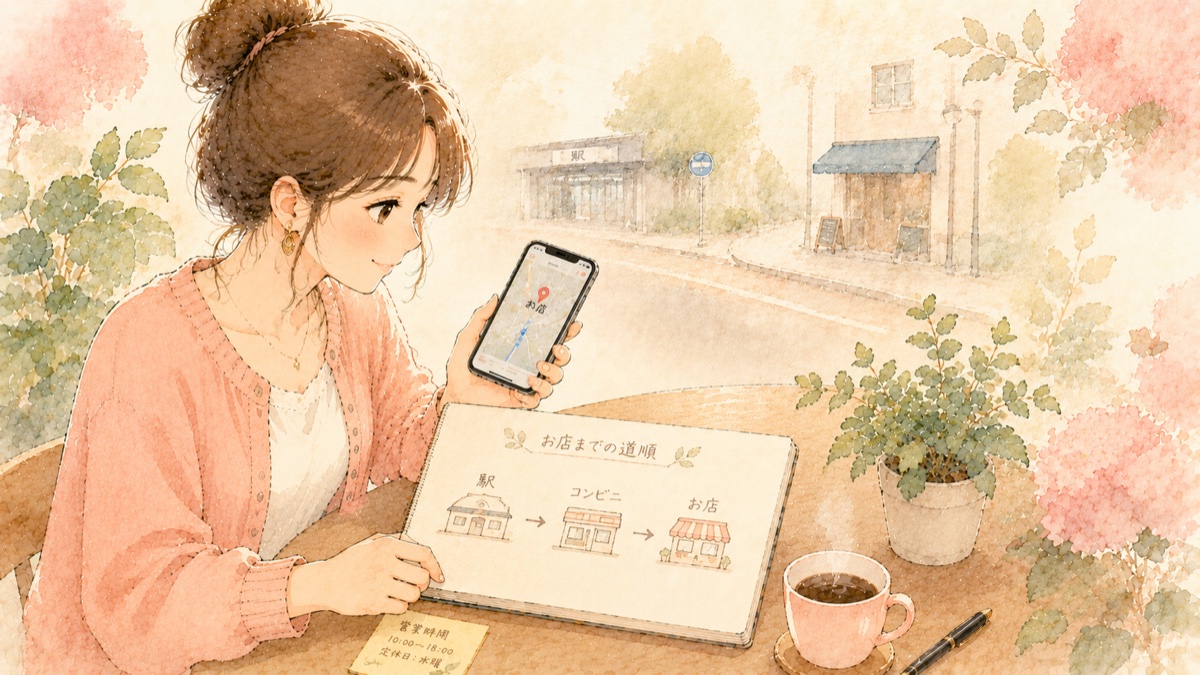 水彩タッチで描かれた、お店の地図と道案内を確認する女性のイラスト