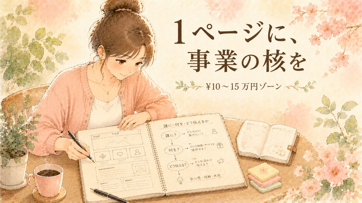 水彩タッチで描かれた、ノートに HP のラフ案を書き出している女性のイラスト