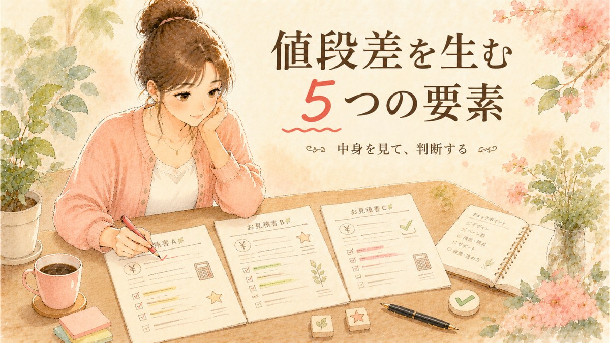 水彩タッチで描かれた、複数の見積書を見比べて整理している女性のイラスト