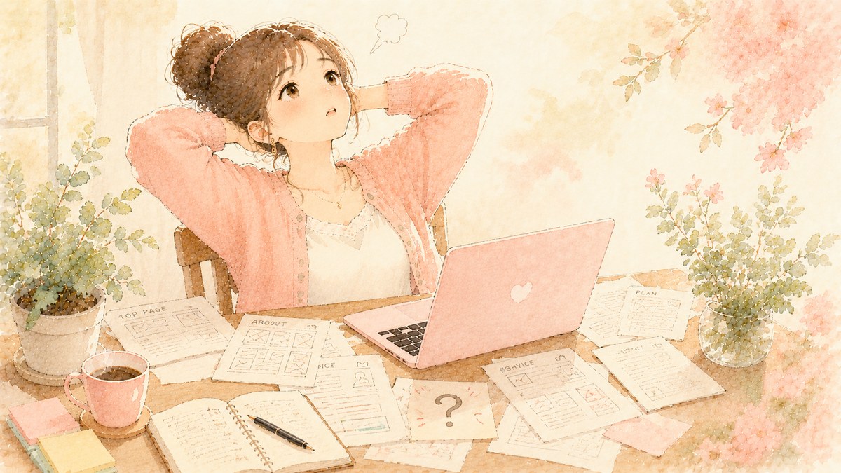 水彩タッチで描かれた、HP制作依頼を前にしてノートPCの前でため息をついている女性のイラスト