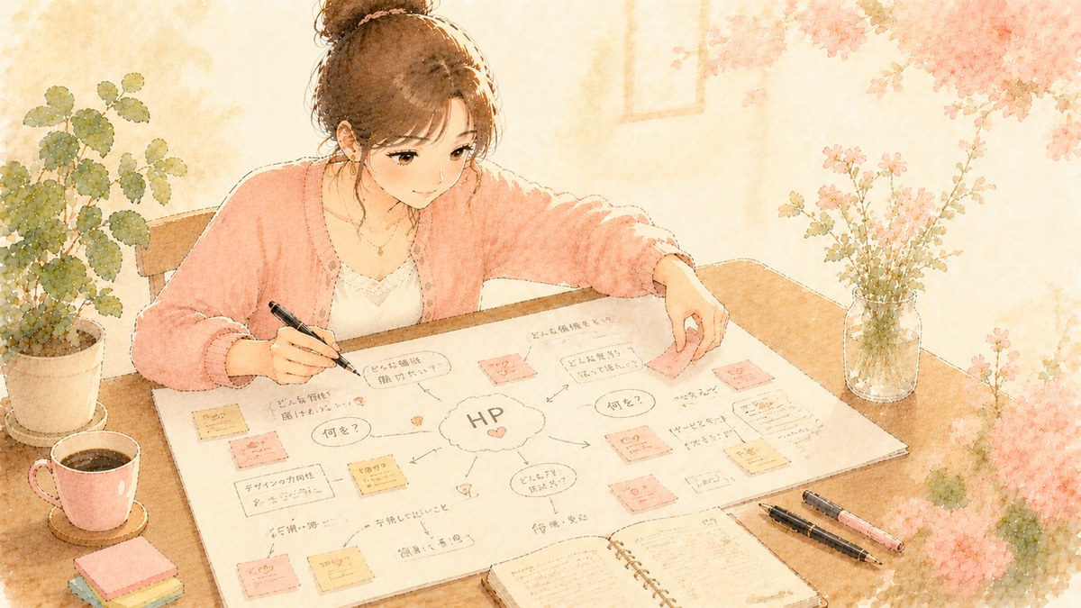 水彩タッチで描かれた、机に付箋を貼りながら HP に伝えたいことを整理している女性のイラスト