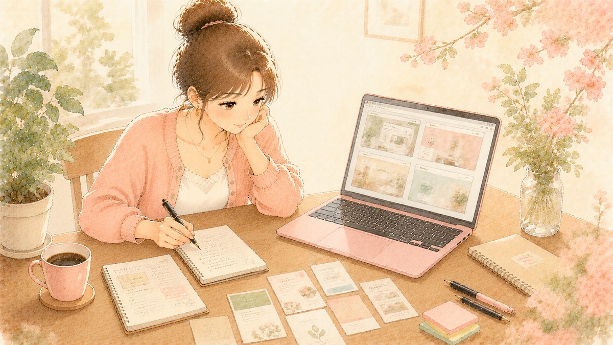 水彩タッチで描かれた、ノートPCで複数の制作会社のポートフォリオを見比べてメモを取っている女性のイラスト