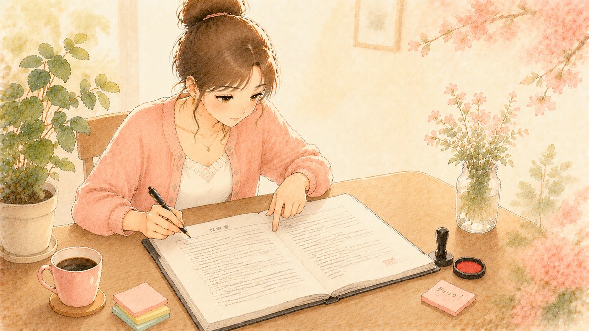水彩タッチで描かれた、契約書を慎重に読みながらペンを構えている女性のイラスト