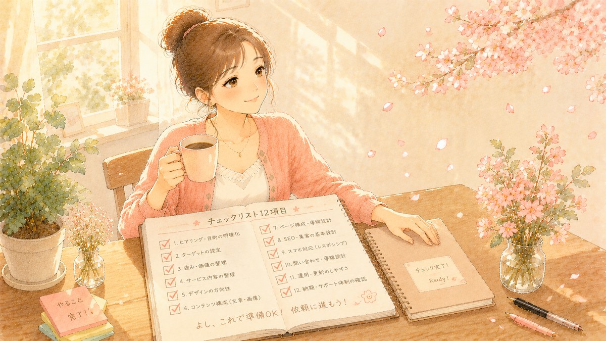 水彩タッチで描かれた、12項目すべてにチェックを入れ終えてコーヒーを片手に達成感の笑顔を見せる女性のイラスト